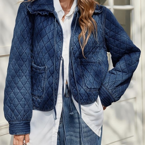Quilted Denim Jacket with Tie Front & Ruffle Collar – Size Small - Picture 4 of 5